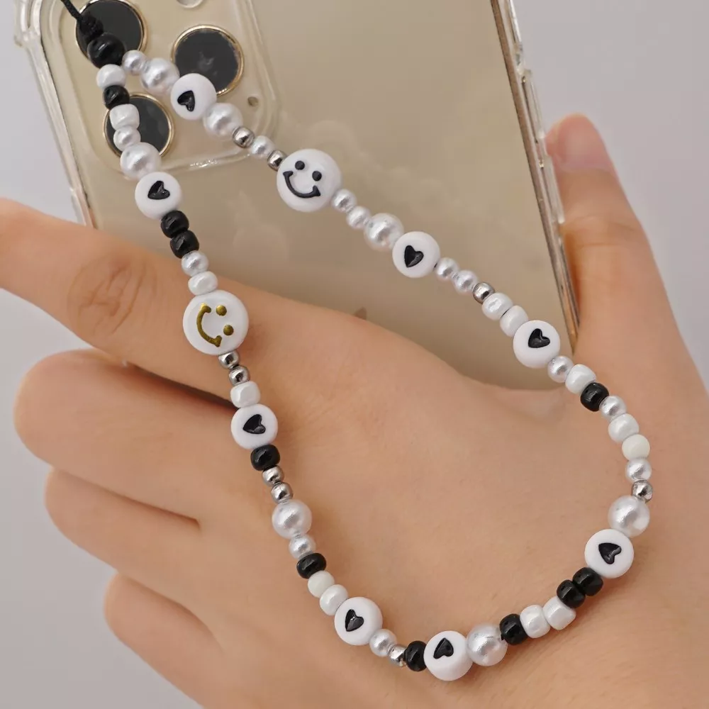 Universal Smartphone Armband Schmuck Charms - N°35 Happy smiley & Herzen - Schwarz & - Weiss
