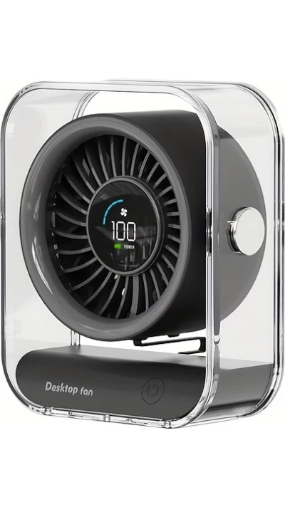 Ventilateur de bureau portable design transparent orientable avec écran LED (3 vitesses) - Noir