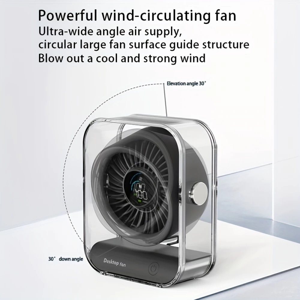 Transparenter tragbarer Design-Tischventilator mit LED-Display (3 Geschwindigkeiten) - Schwarz