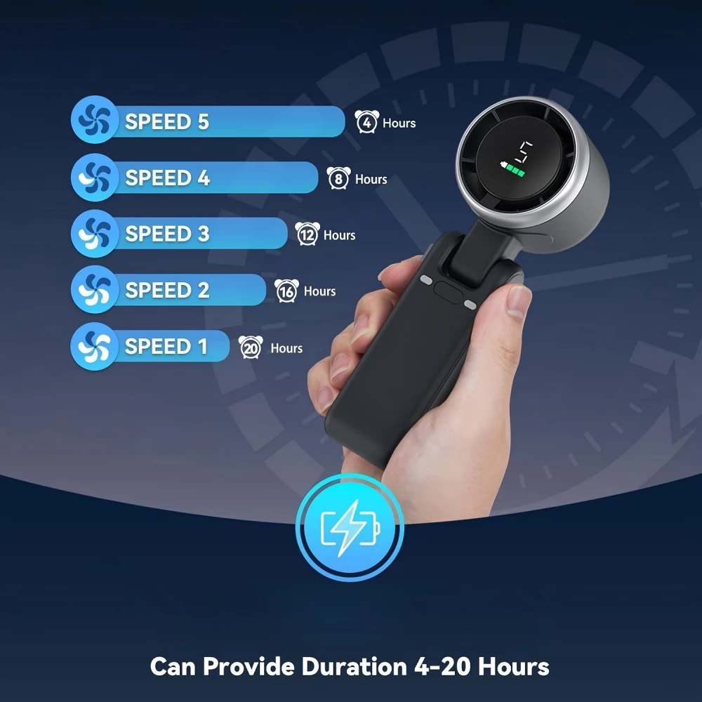 Tragbarer faltbarer USB-Lüfter wiederaufladbar ultra-leise 5 Geschwindigkeiten 3600mAh Akku 10h Laufzeit - Schwarz