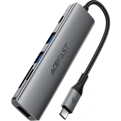 Acefast J18 Hub USB-C 6-en-1 avec HDMI 4K 60 Hz et charge rapide PD 90 W station d&rsquo;accueil USB-C - Gris