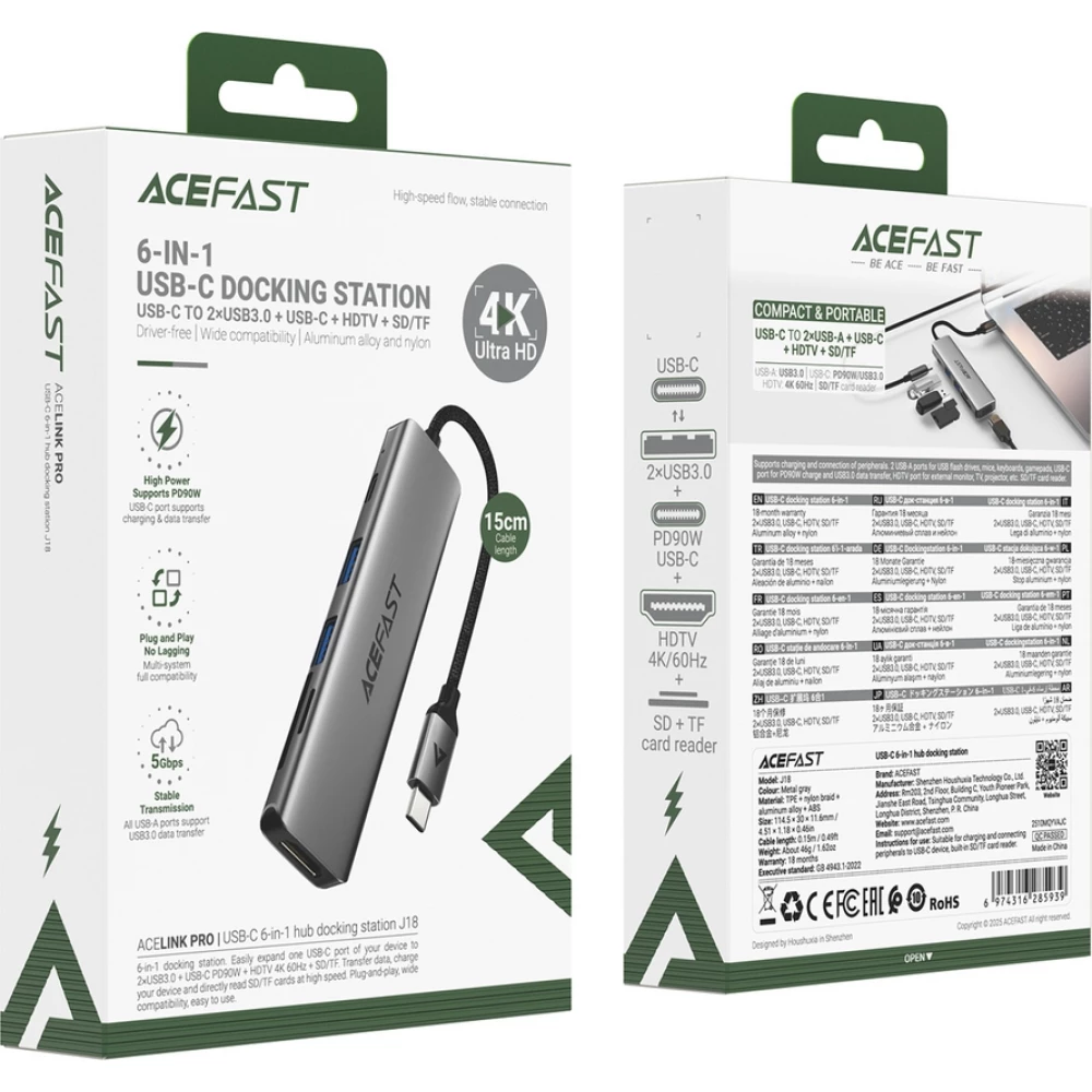 Acefast J18 Hub USB-C 6-en-1 avec HDMI 4K 60 Hz et charge rapide PD 90 W station d&rsquo;accueil USB-C - Gris