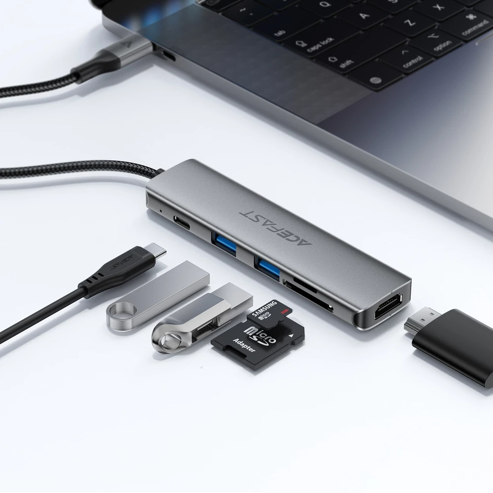 Acefast J18 Hub USB-C 6-en-1 avec HDMI 4K 60 Hz et charge rapide PD 90 W station d&rsquo;accueil USB-C - Gris
