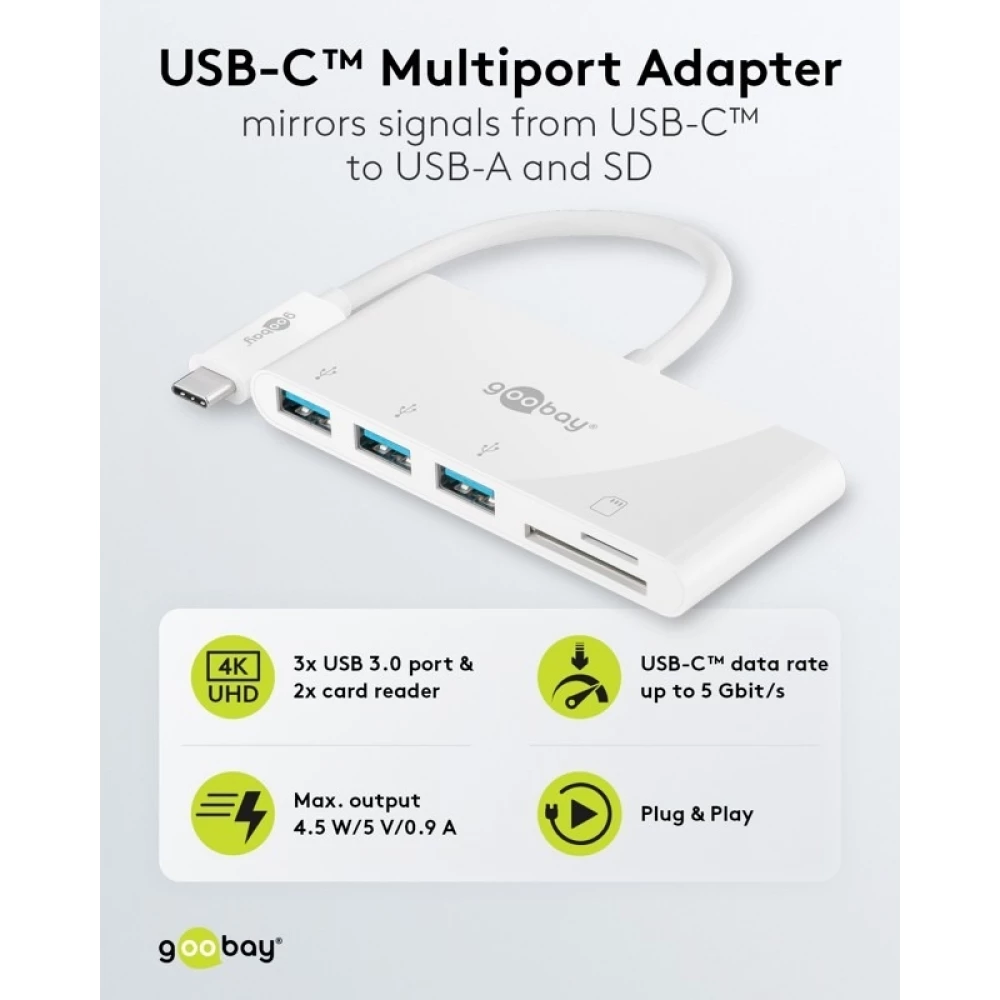 Adaptateur USB-C multiport Goobay vers 3 ports USB-A et lecteur de cartes SD/MMC - Blanc