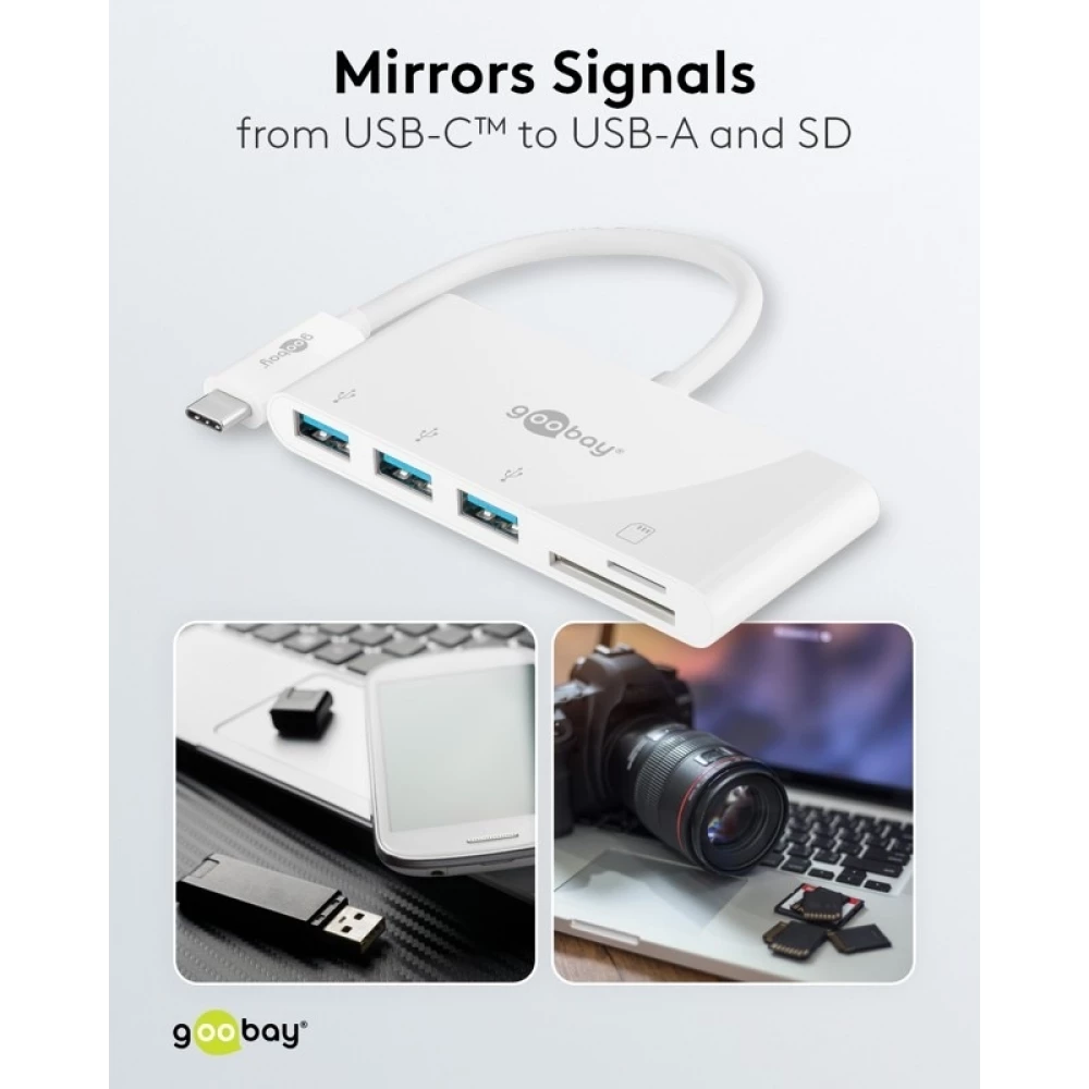 Adaptateur USB-C multiport Goobay vers 3 ports USB-A et lecteur de cartes SD/MMC - Blanc