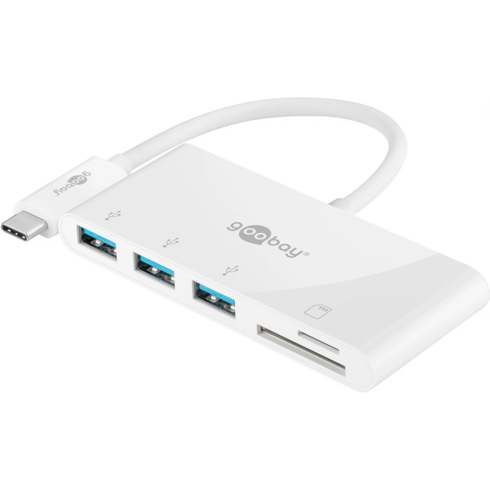 Adaptateur USB-C multiport Goobay vers 3 ports USB-A et lecteur de cartes SD/MMC - Blanc