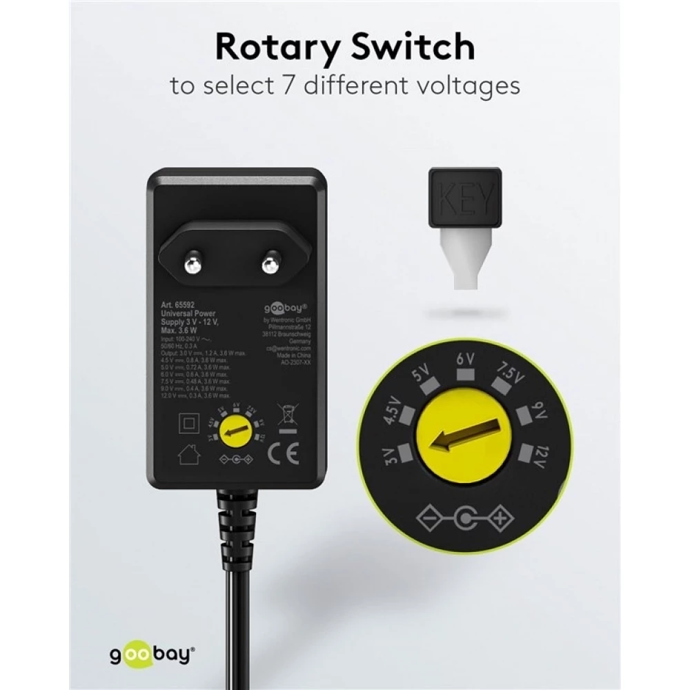 Alimentation universelle Goobay 3V–12V max. 3,6W adaptateur secteur réglable avec 12 embouts - Noir