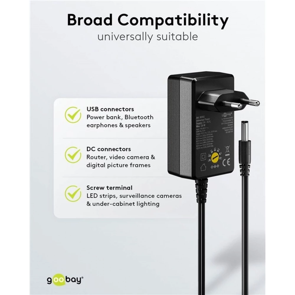 Alimentation universelle Goobay 3V–12V max. 3,6W adaptateur secteur réglable avec 12 embouts - Noir