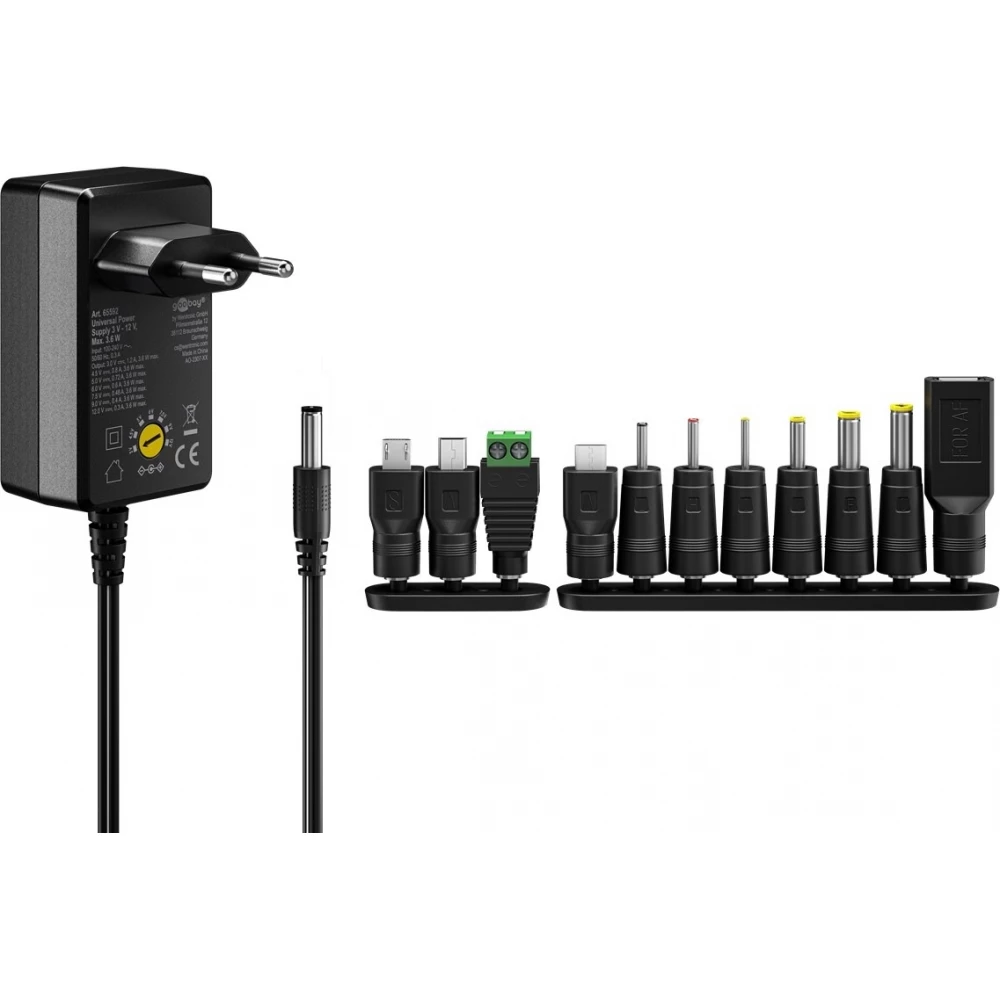 Alimentation universelle Goobay 3V–12V max. 3,6W adaptateur secteur réglable avec 12 embouts - Noir