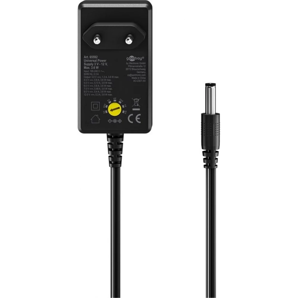 Alimentation universelle Goobay 3V–12V max. 3,6W adaptateur secteur réglable avec 12 embouts - Noir