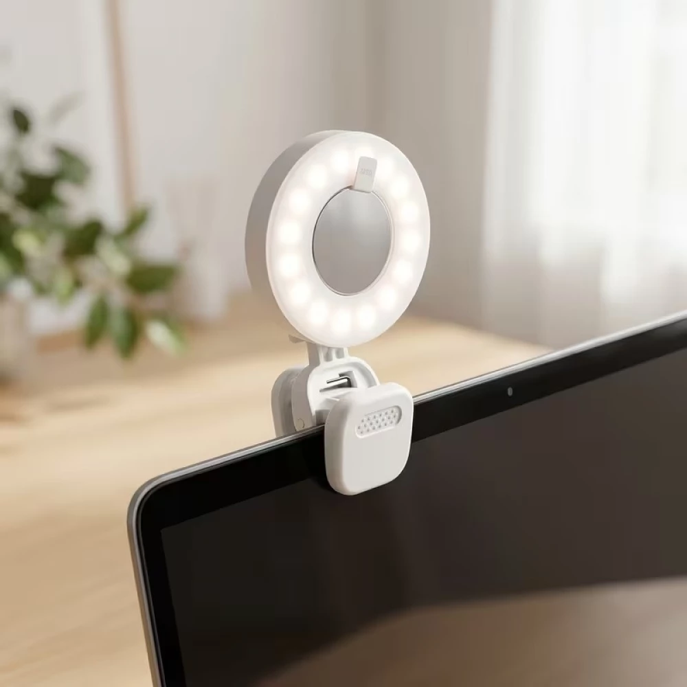 Anneau lumineux LED pour t&eacute;l&eacute;phone et ordinateur portable 2500K &agrave; 8500K 3 niveaux de luminosit&eacute; pliable et rechargeable - Blanc