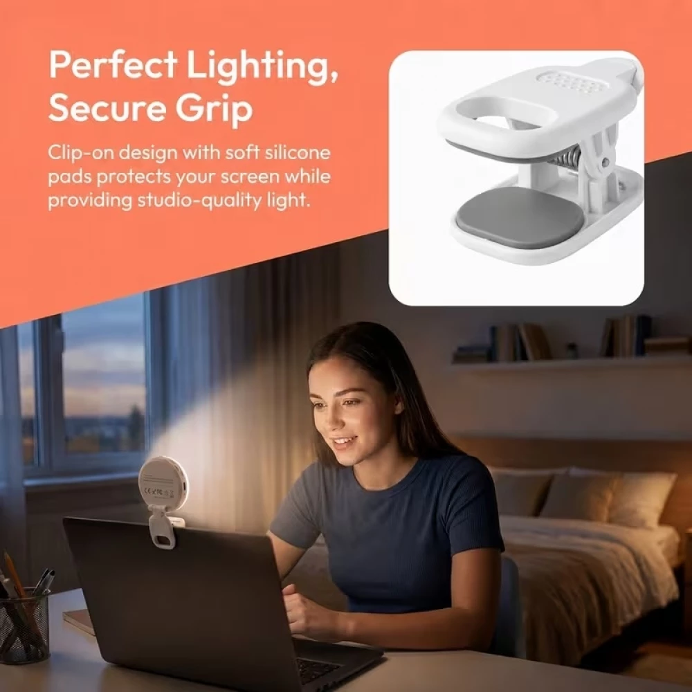 Anneau lumineux LED pour t&eacute;l&eacute;phone et ordinateur portable 2500K &agrave; 8500K 3 niveaux de luminosit&eacute; pliable et rechargeable - Blanc