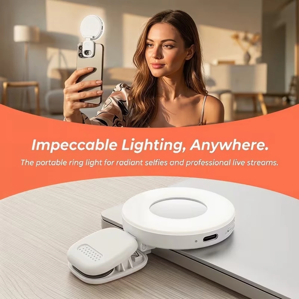 Anneau lumineux LED pour t&eacute;l&eacute;phone et ordinateur portable 2500K &agrave; 8500K 3 niveaux de luminosit&eacute; pliable et rechargeable - Blanc