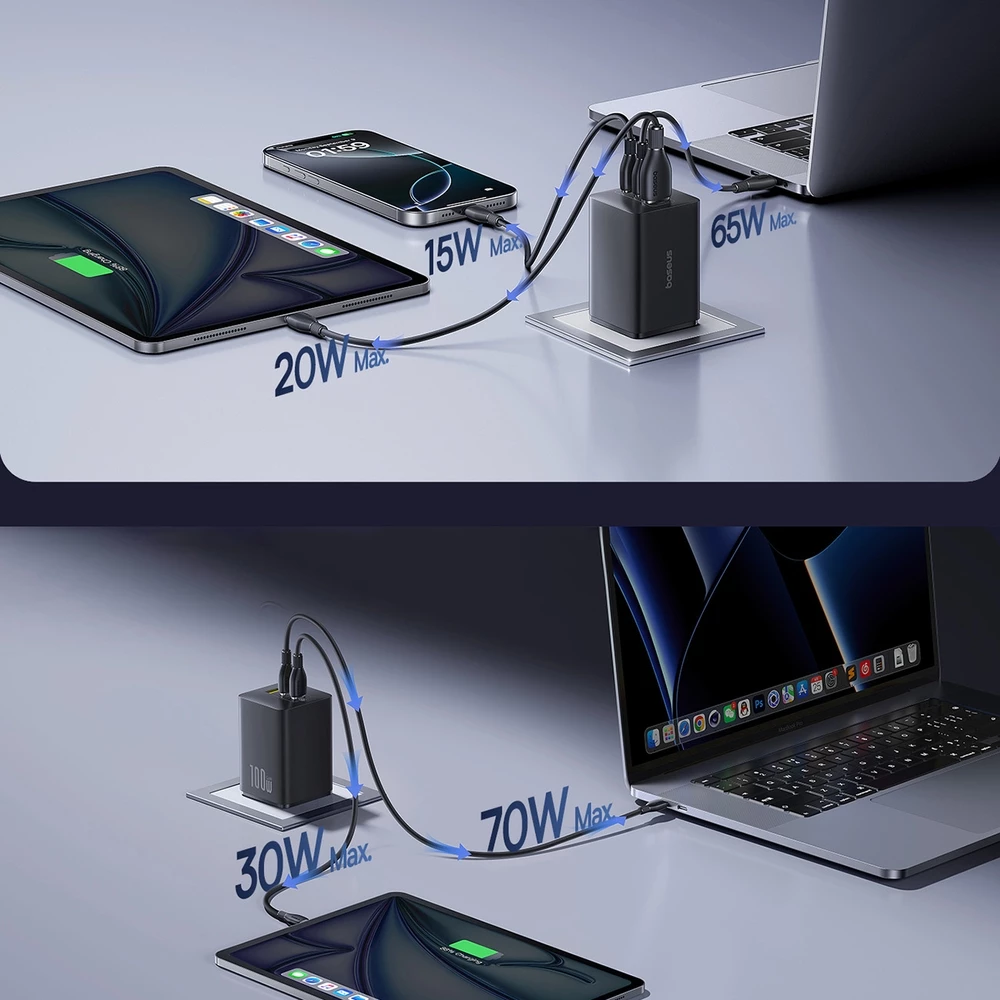 Baseus EnerFill FE11 3 en 1 chargeur mural rapide 2x USB-C / USB-A 100W - Noir