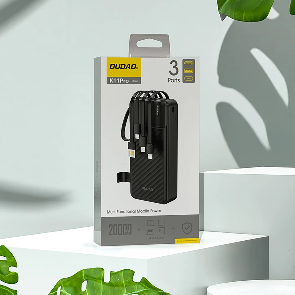 Batterie externe Dudao K11 Pro Powerbank 20000mAh avec c&acirc;bles int&eacute;gr&eacute;s - Noir