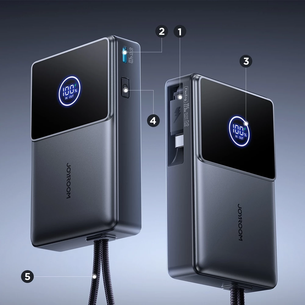 Batterie externe Joyroom JR-PR1 10000mAh 22.5W powerbank avec câble USB-C rétractable intégré - Noir