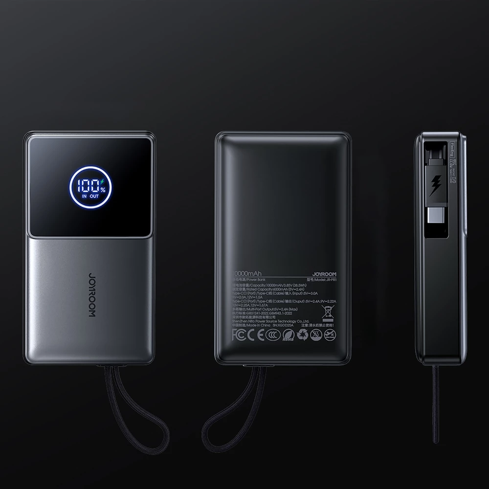 Batterie externe Joyroom JR-PR1 10000mAh 22.5W powerbank avec câble USB-C rétractable intégré - Noir