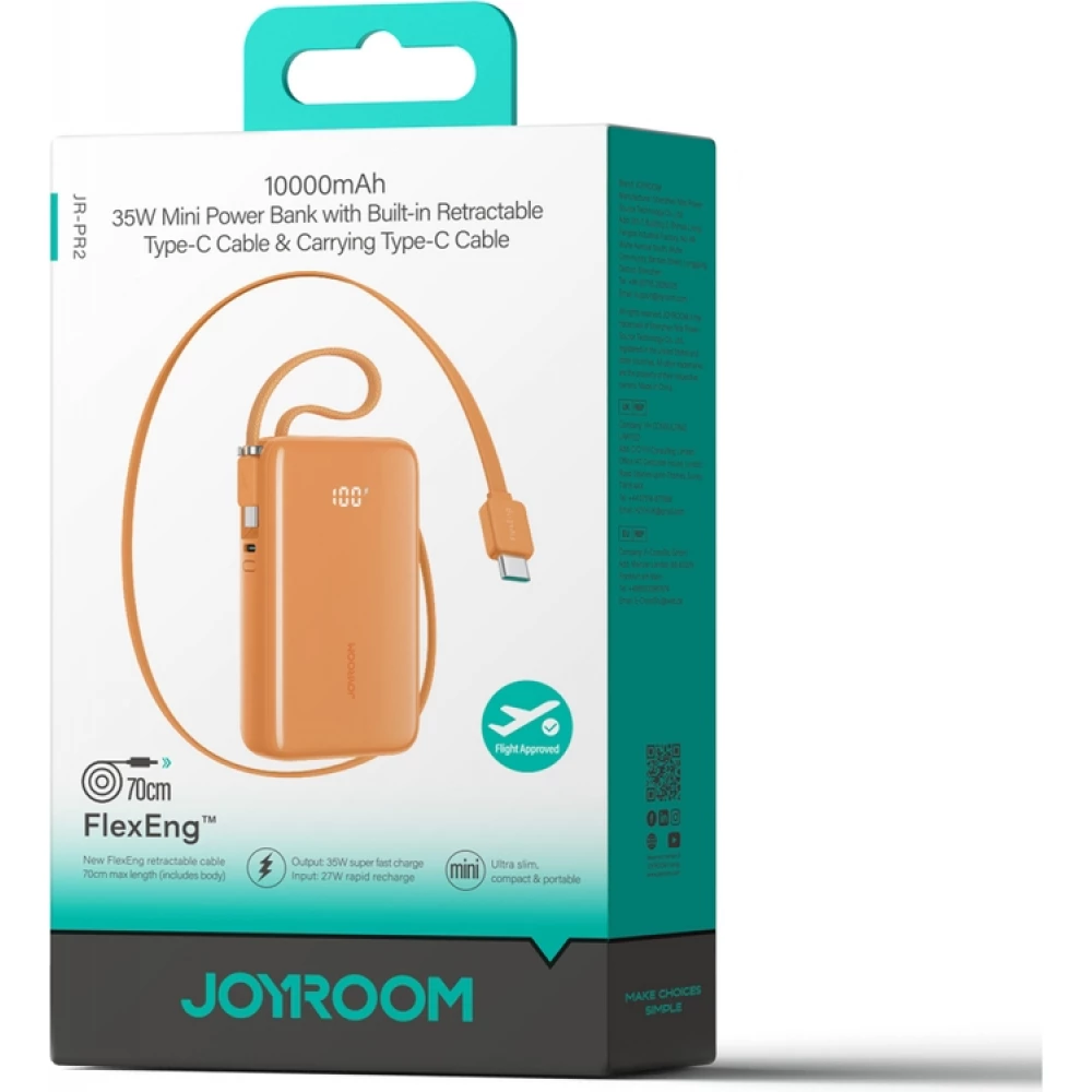 Batterie externe Joyroom JR-PR2L Powerbank 10000mAh 35W avec c&acirc;bles USB-C int&eacute;gr&eacute;s - Orange
