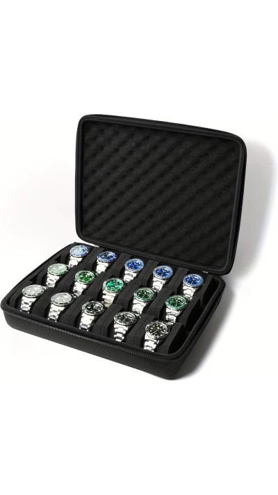 Boîte de rangement pour montres 15 places avec coussin en mousse anti-choc pour voyage - Noir