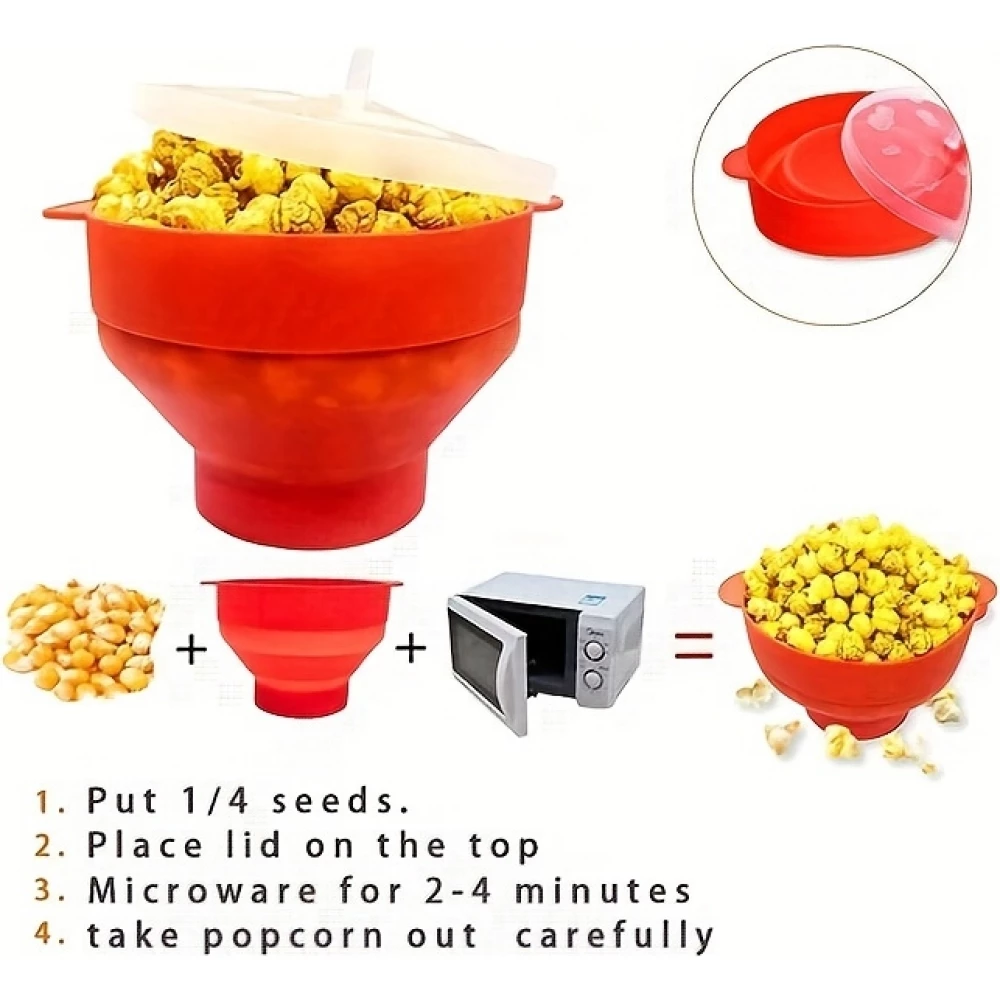 Mikrowellen Popcornsch&uuml;ssel aus faltbarem Silikon mit Deckel - Rot