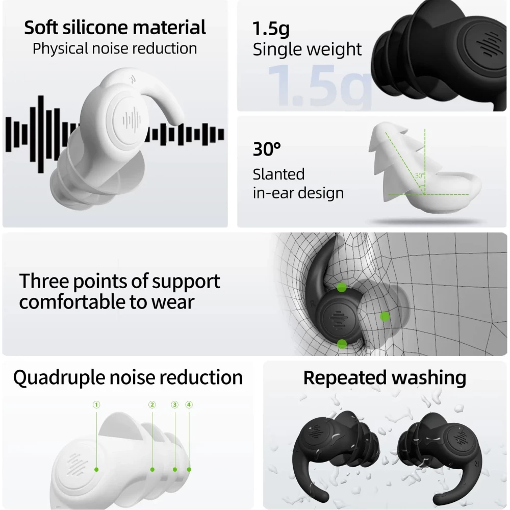 Bouchons d'oreilles en silicone souple à 3 couches réutilisables réduction du bruit pour dormir nager travailler étudier contre le ronflement concerts - Noir