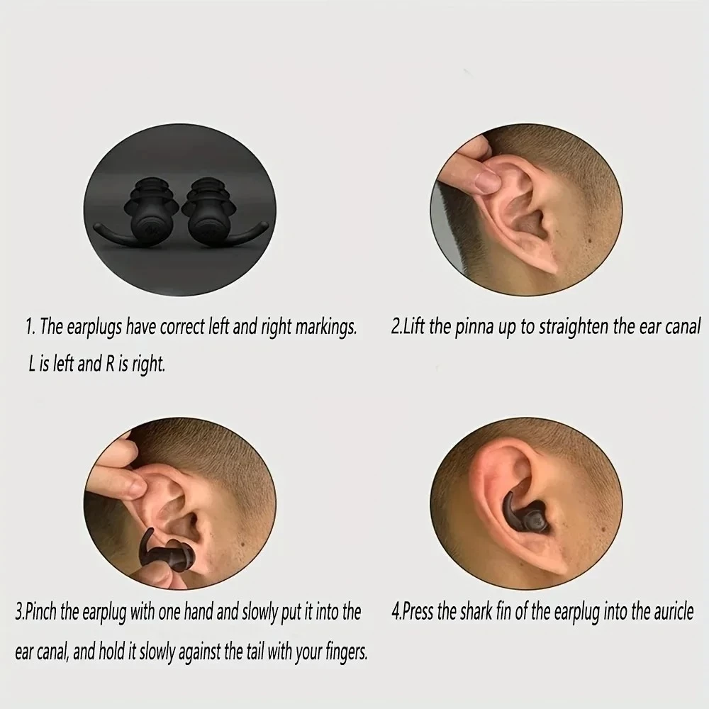 Bouchons d'oreilles en silicone souple à 3 couches réutilisables réduction du bruit pour dormir nager travailler étudier contre le ronflement concerts - Noir