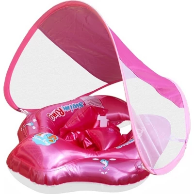 Bouée bébé sécurisée avec harnais et pare-soleil confort et protection UV - Rose