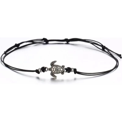 Bracelet de cheville tiss&eacute; avec tortue - Argent