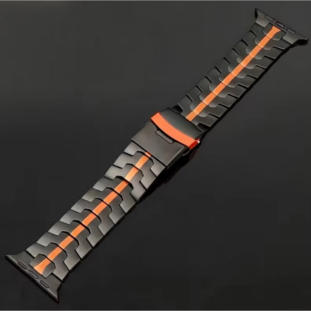 Luxus Edelstahl Gliederarmband mit orangefarbener Band - Schwarz - Apple Watch 44/45/46 mm