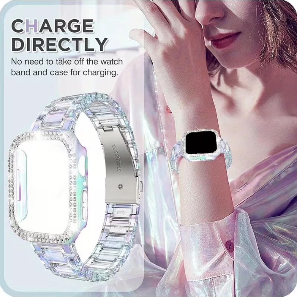 Bracelet transparent scintillant avec coque strass - Blanc - Apple Watch Ultra / Ultra 2 (49 mm)