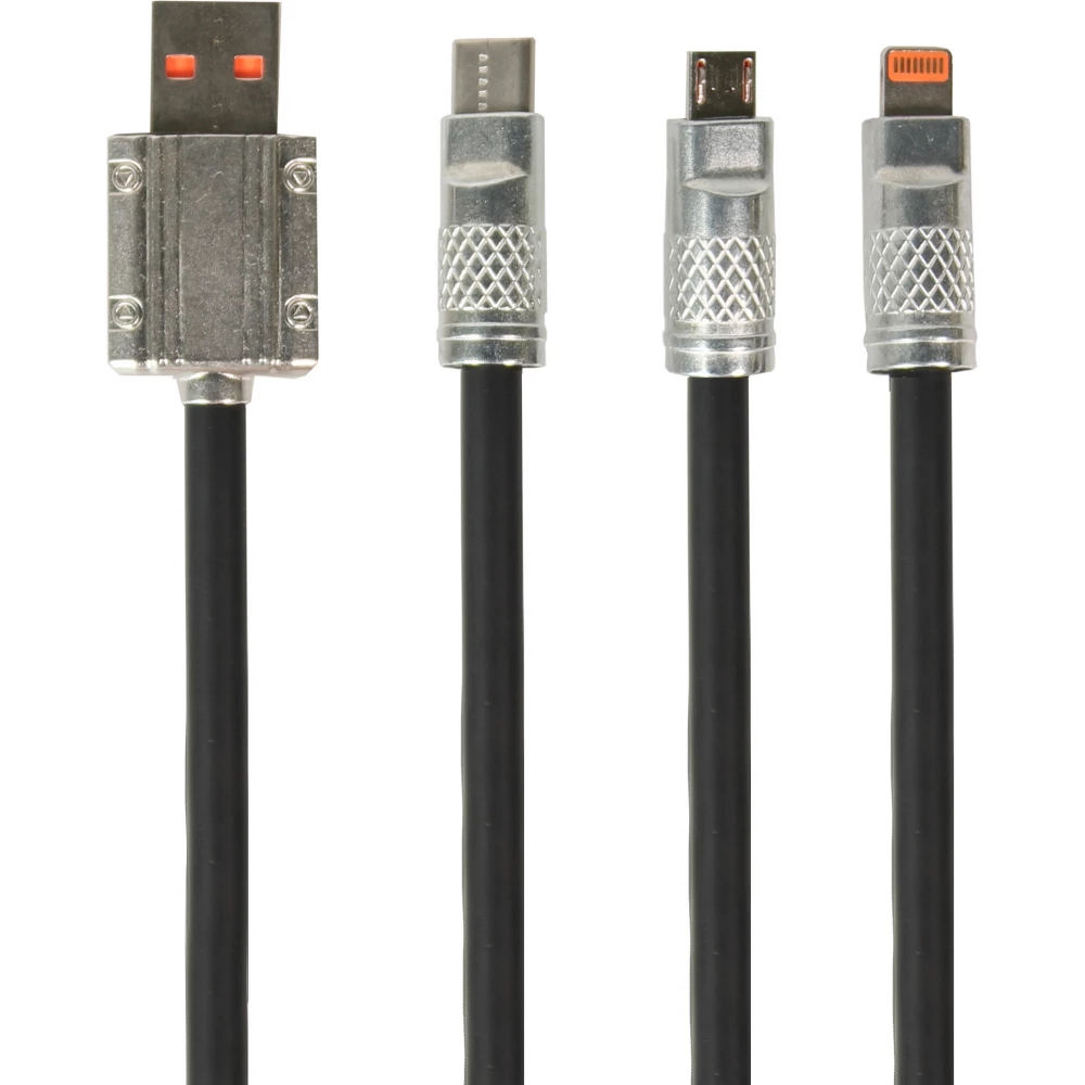 Câble 3 en 1 USB-A noir Lightning / USB-C / Micro USB (1 m) en silicone résistant et léger - Noir
