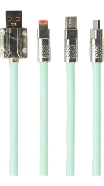 Câble 3 en 1 USB-A vert Lightning / USB-C / Micro USB (1 m) en silicone résistant et léger - Vert menthe