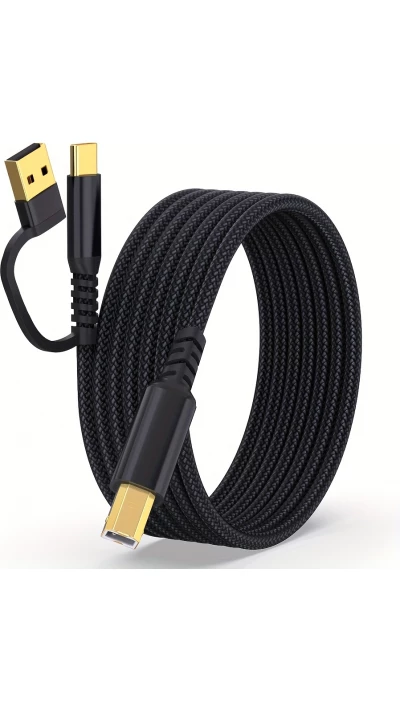 C&acirc;ble imprimante 2-en-1 USB-A/C vers USB-B pour HP / Canon / Epson / Brother - Noir