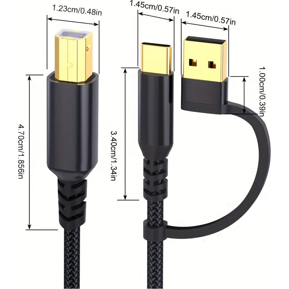 C&acirc;ble imprimante 2-en-1 USB-A/C vers USB-B pour HP / Canon / Epson / Brother - Noir
