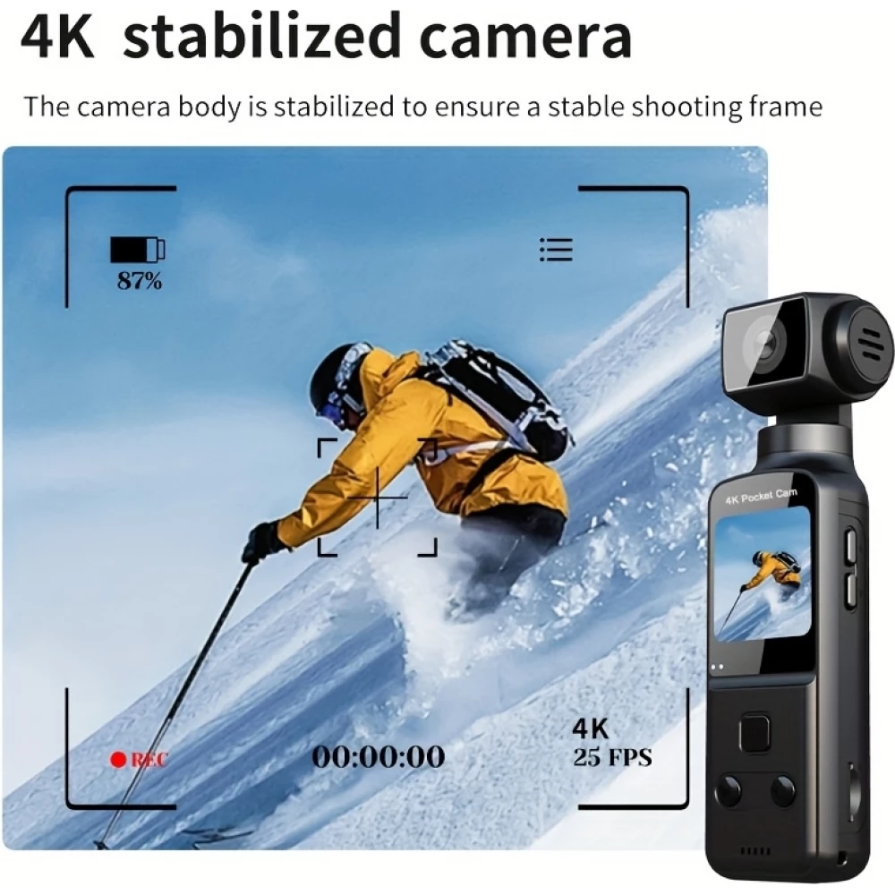 Cam&eacute;ra d'action portable 4K avec objectif rotatif 270&deg; l&eacute;g&egrave;re rechargeable pour vlogging et voyage - Noir