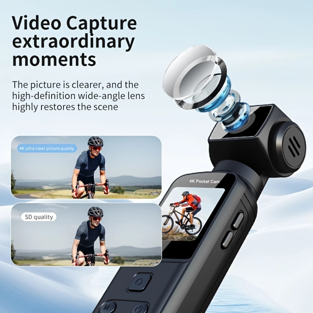 Cam&eacute;ra d'action portable 4K avec objectif rotatif 270&deg; l&eacute;g&egrave;re rechargeable pour vlogging et voyage - Noir