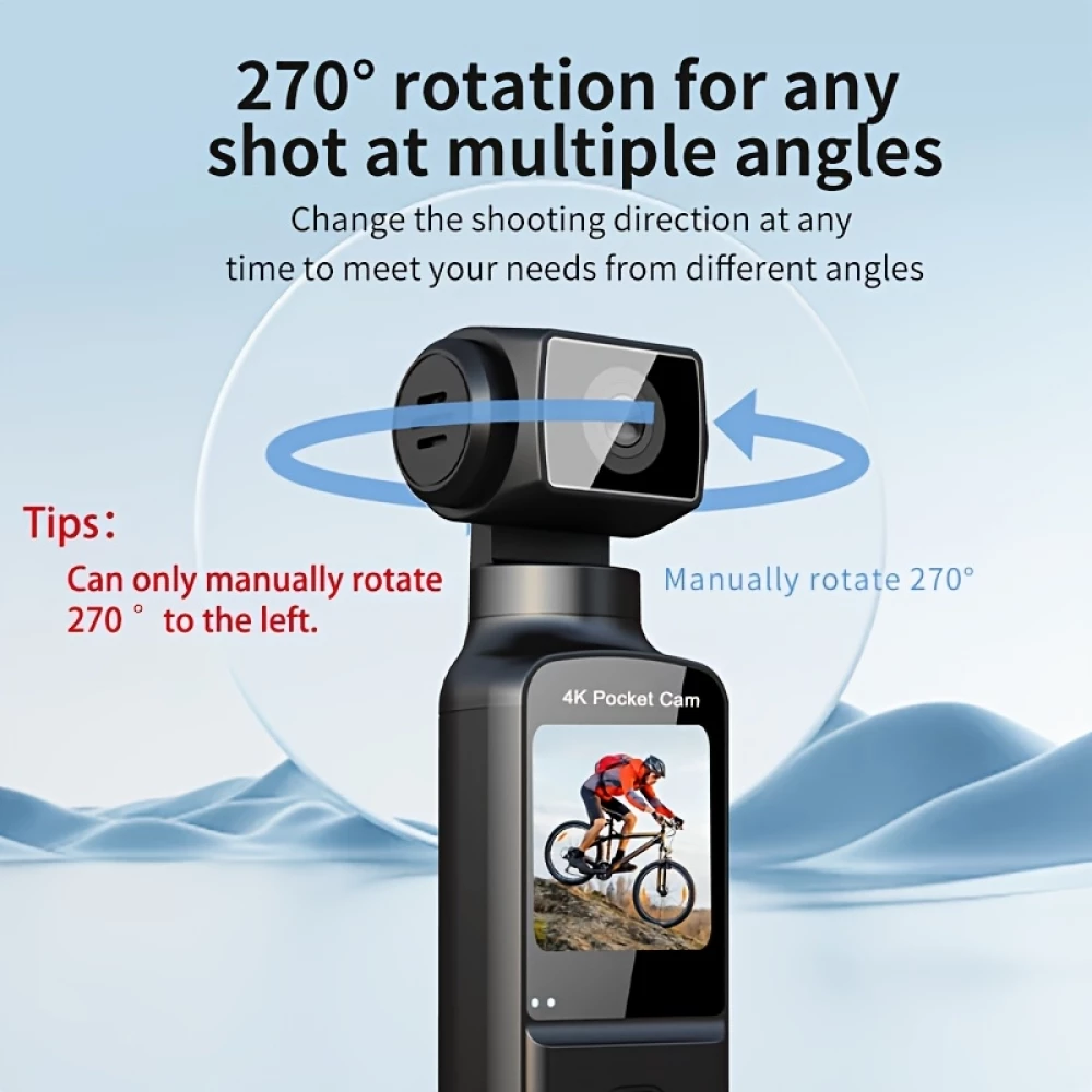 Cam&eacute;ra d'action portable 4K avec objectif rotatif 270&deg; l&eacute;g&egrave;re rechargeable pour vlogging et voyage - Noir