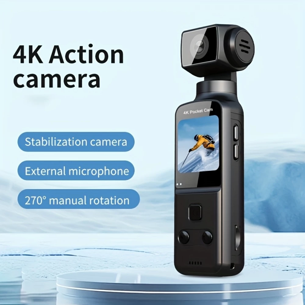 Cam&eacute;ra d'action portable 4K avec objectif rotatif 270&deg; l&eacute;g&egrave;re rechargeable pour vlogging et voyage - Noir