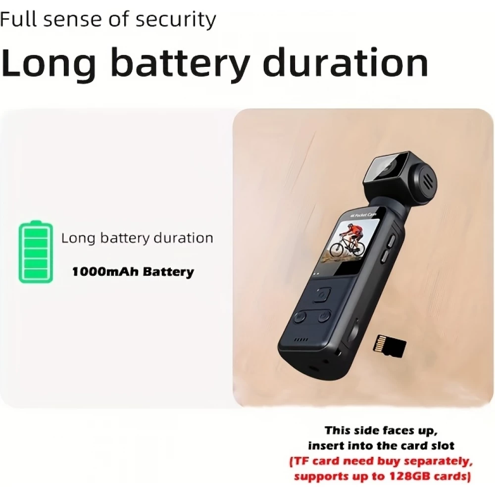 Cam&eacute;ra d'action portable 4K avec objectif rotatif 270&deg; l&eacute;g&egrave;re rechargeable pour vlogging et voyage - Noir
