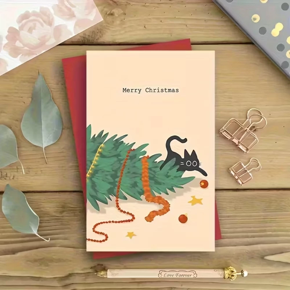 Carte de No&euml;l chat mignon avec enveloppe rouge carte festive originale - Beige