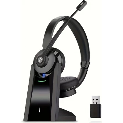 Casque sans fil antibruit Vonztek avec microphone et base de chargement pour télétravail et visioconférence - Noir