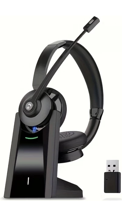 Vonztek Kabelloser Noise-Cancelling Kopfhörer mit Mikrofon und Ladestation für Homeoffice und Videokonferenzen - Schwarz
