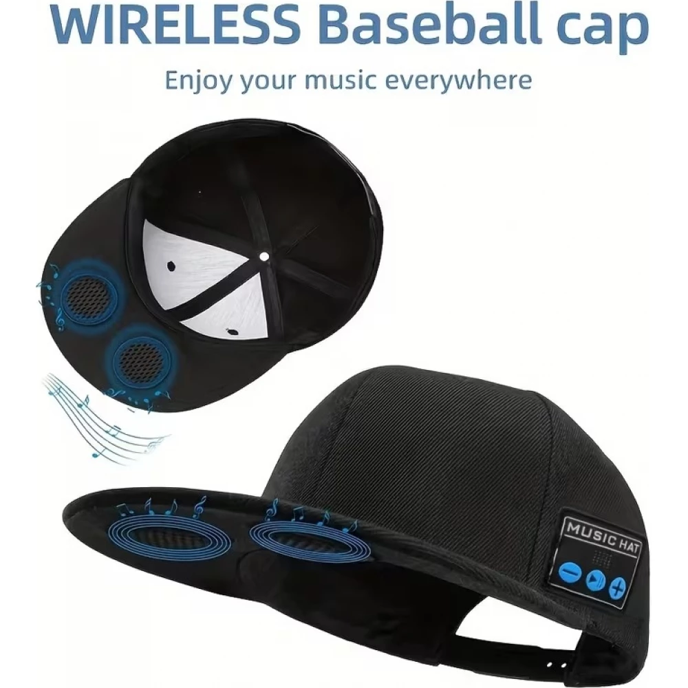 Casquette unisexe ajustable Bluetooth avec haut-parleurs intégrés pour musique et appels - Noir