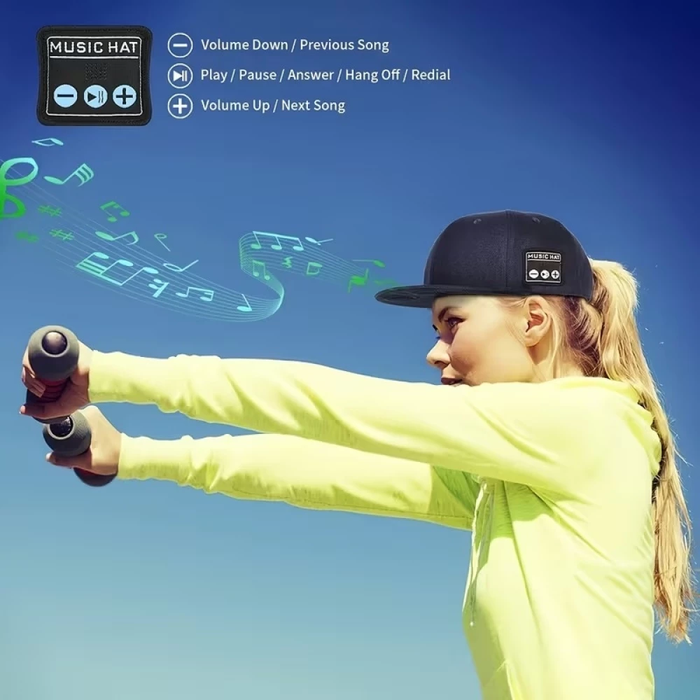 Casquette unisexe ajustable Bluetooth avec haut-parleurs intégrés pour musique et appels - Noir