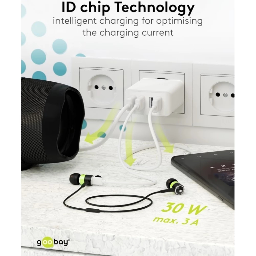 Chargeur multiport Goobay 30W 4 ports USB-A - Blanc