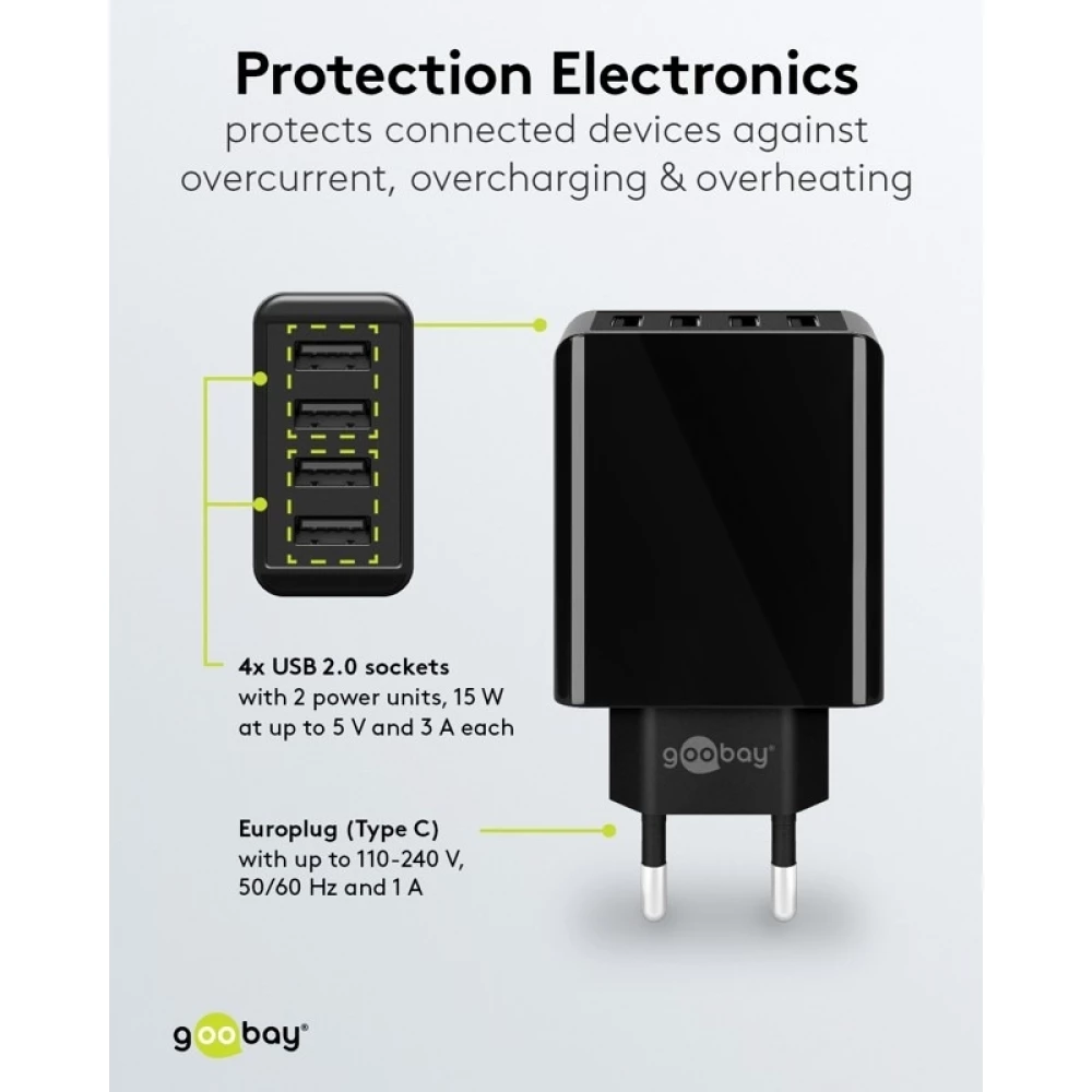 Chargeur multiport Goobay 30W 4 ports USB-A - Noir