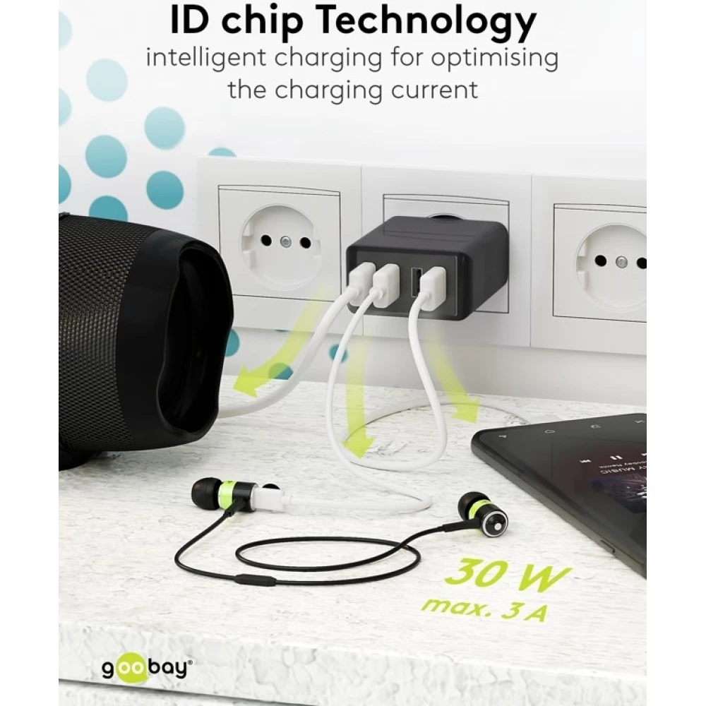 Chargeur multiport Goobay 30W 4 ports USB-A - Noir