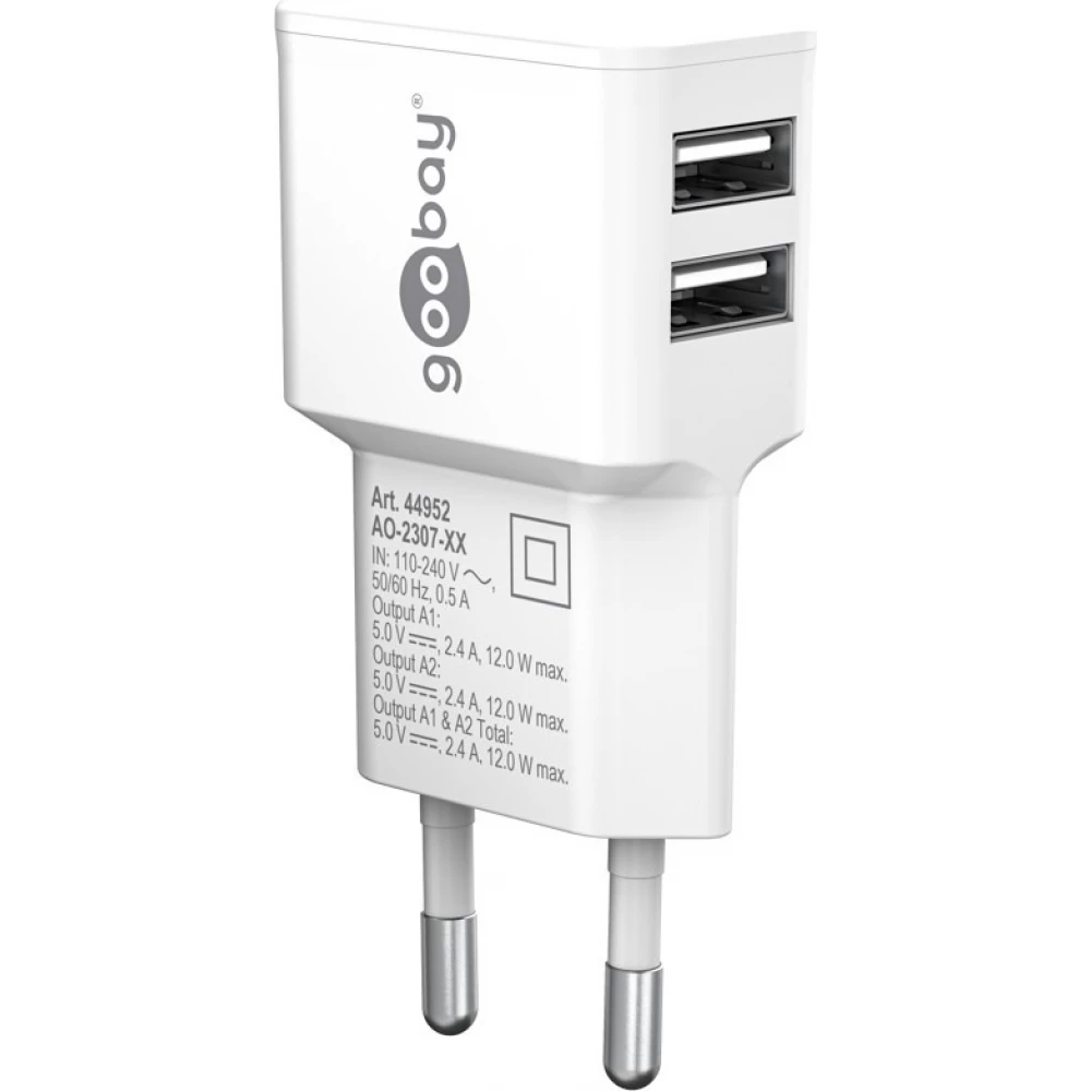 Chargeur mural double Goobay 12W USB-A adaptateur secteur USB compact - Blanc