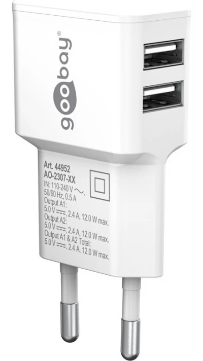 Chargeur mural double Goobay 12W USB-A adaptateur secteur USB compact - Blanc