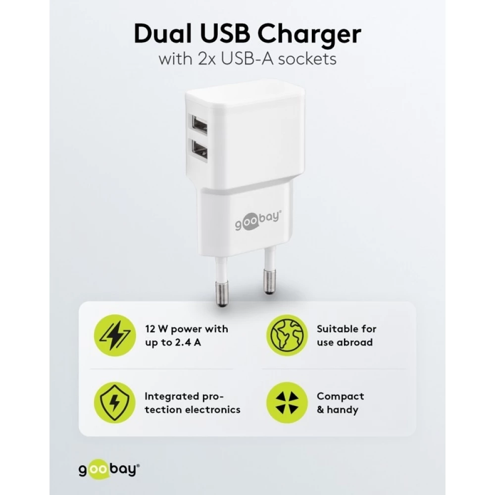 Chargeur mural double Goobay 12W USB-A adaptateur secteur USB compact - Blanc